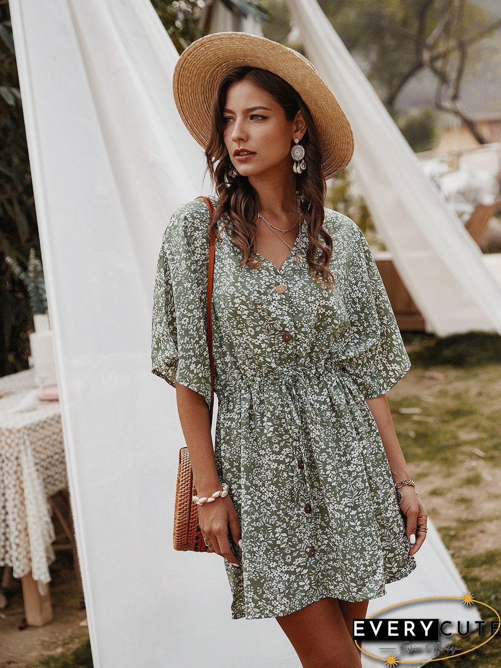 Floral V-Neck Half Sleeve Mini Dress