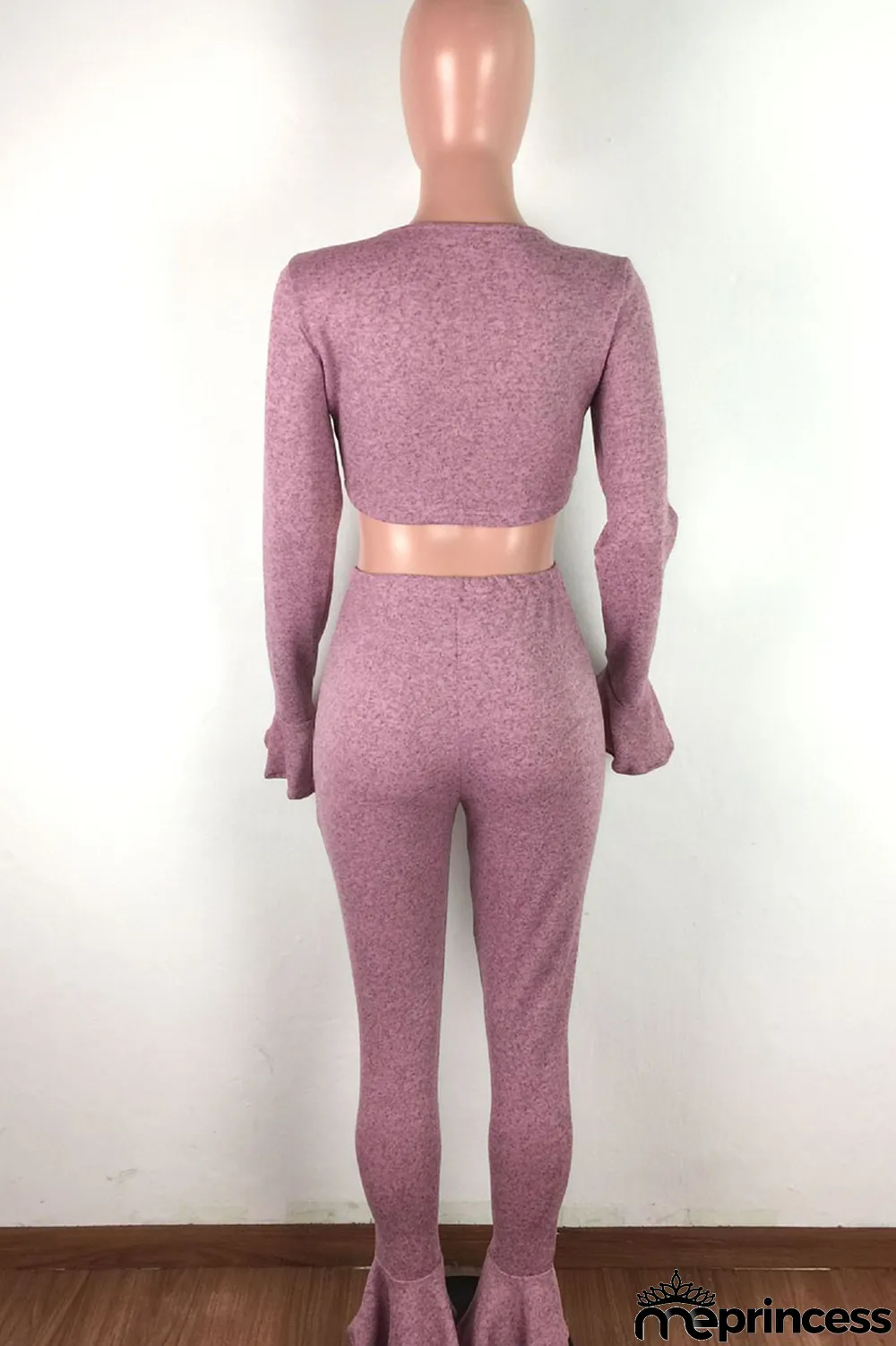 Red Casual Solid V Neck Long Sleeve Flare Sleeve Short Two Pieces