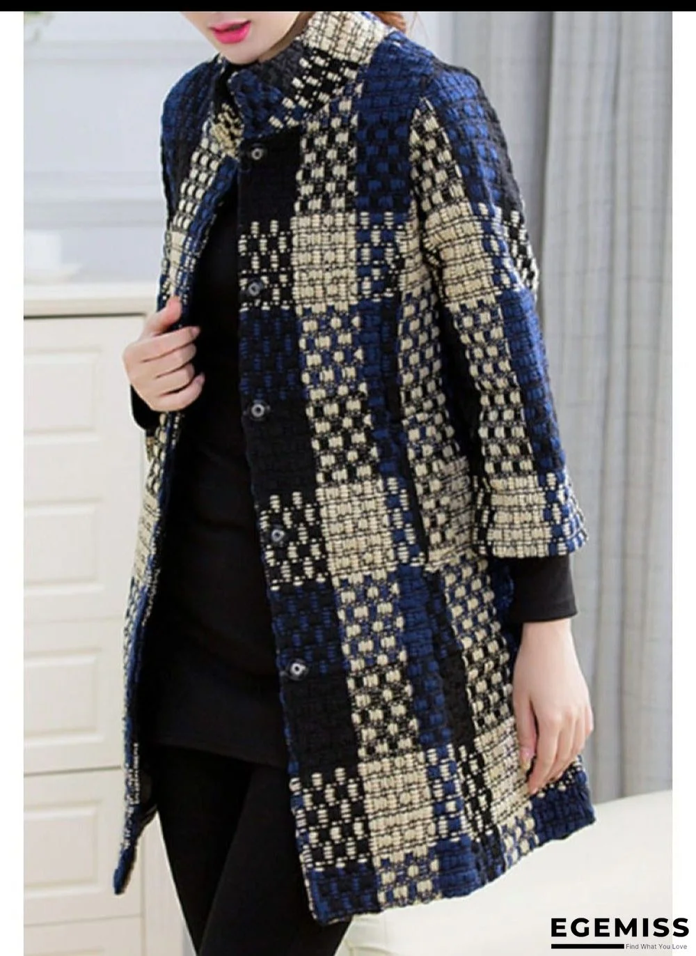 High Neck Slit Pocket Checkered Coats | EGEMISS