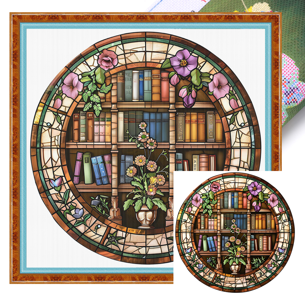 Glass Painting Of Bookshelf Full 14CT Pre-stamped Canvas(50*50cm) Cross Stitch