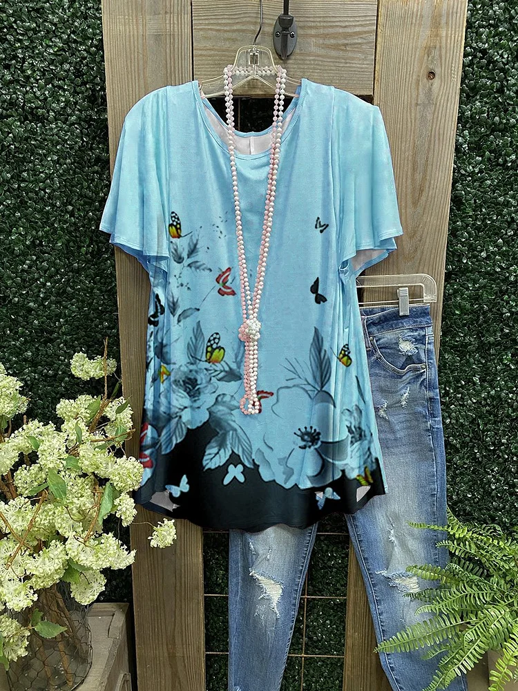Comfortable Casual Flower Print Short Sleeves-Mayoulove
