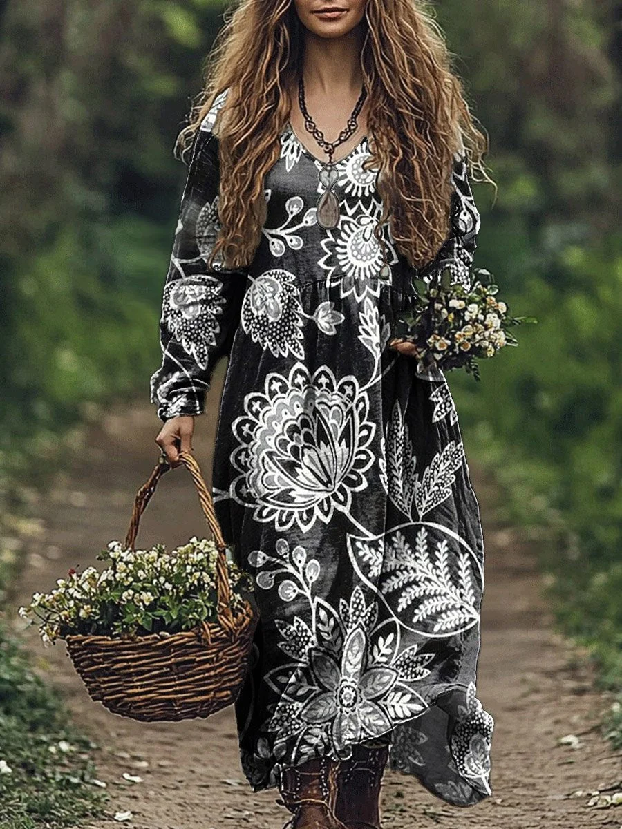 Women's Vintage Flower Print Pocket Cotton Dress