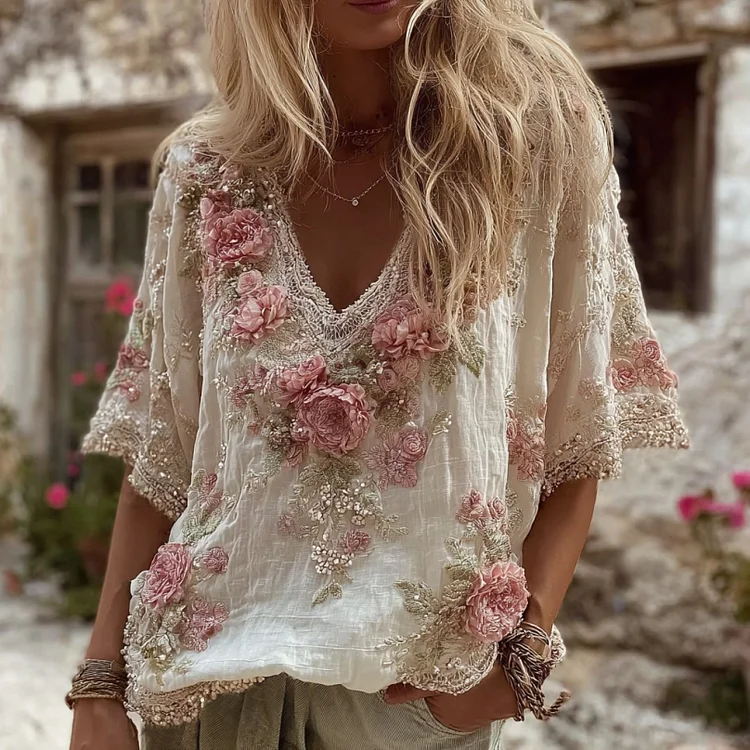 Women's Vintage Pink Rose Embroidery Art V-neck Short Sleeve Linen Blend T-shirt