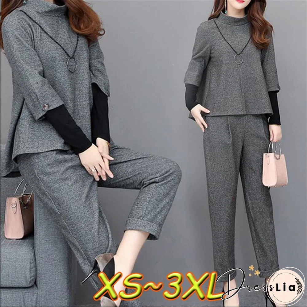 Autumn Grey Elegant Two Piece Sets Outfits Women Plus Size Fake Two Pieces Tops And Pants Suits Office Korean Ladies Sets