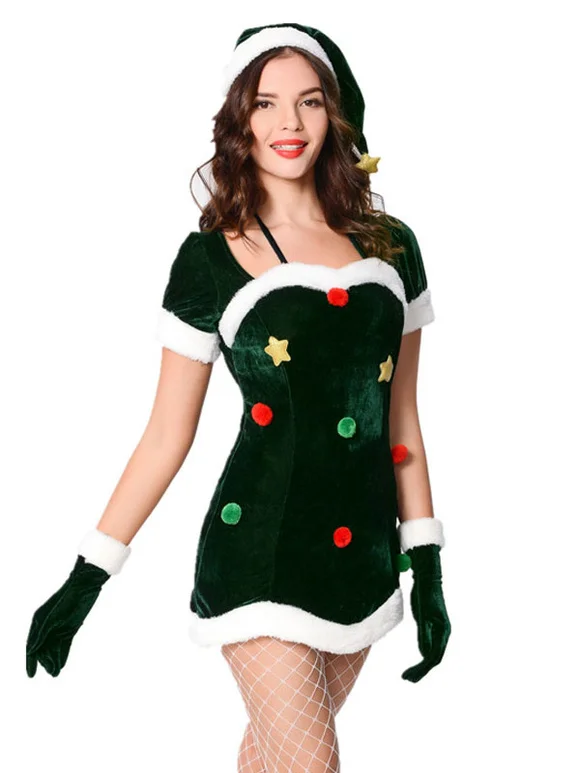 Women Christmas Costume Green Mini Dress Holiday Costumes Novameme