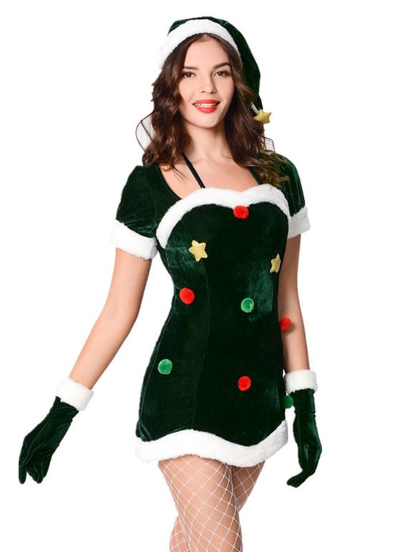 Women Christmas Costume Green Mini Dress Holiday Costumes Novameme