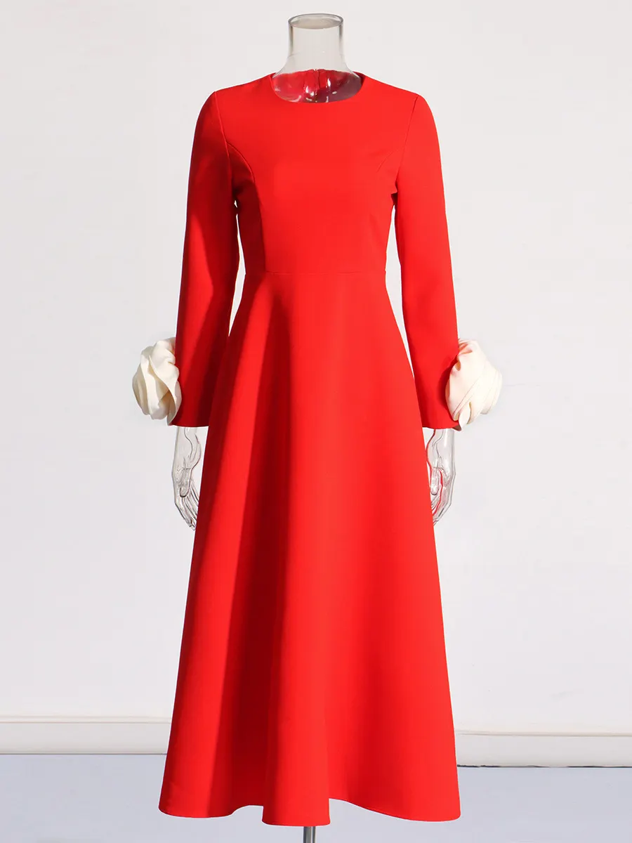 Brownm Spring 2025 New Fashion Temperament Round Collar Three-Dimensional Rose Splicing Design Long Sleeve Slim Slimming Dress