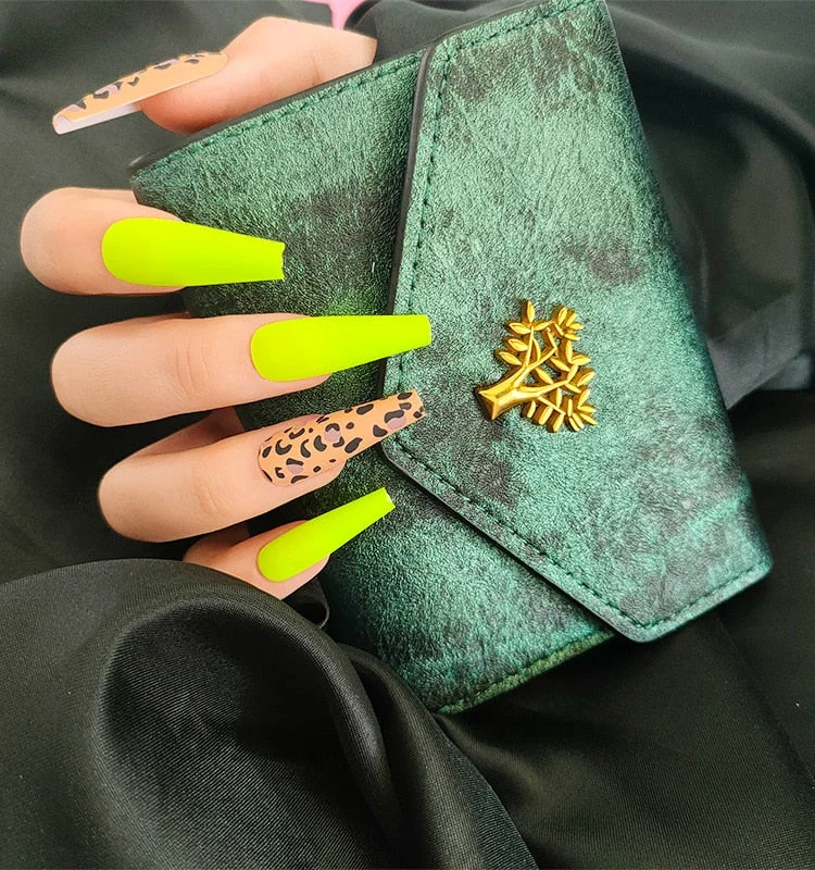 24Pcs Extra Long Coffin Nails Pure Purple Elegant Shiny Ballet Fluorescent and Yellow Leopard print Fake Nail with glue for girl-Nail Inspo