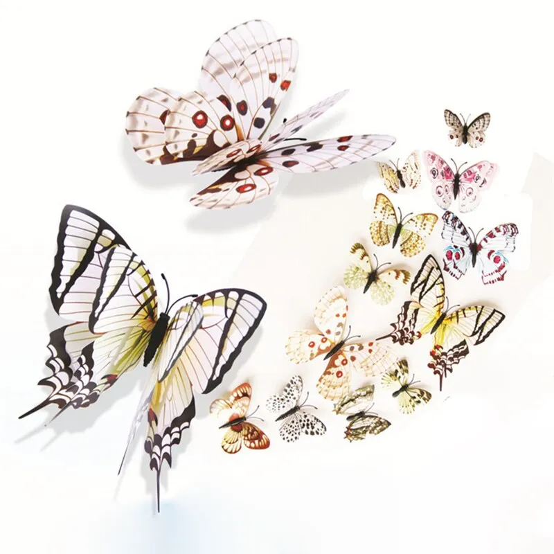 12pcs/lot Plain color 3D stickers Simulation butterfly double wings Modern home decor Background wall painting Magnetic+Glue