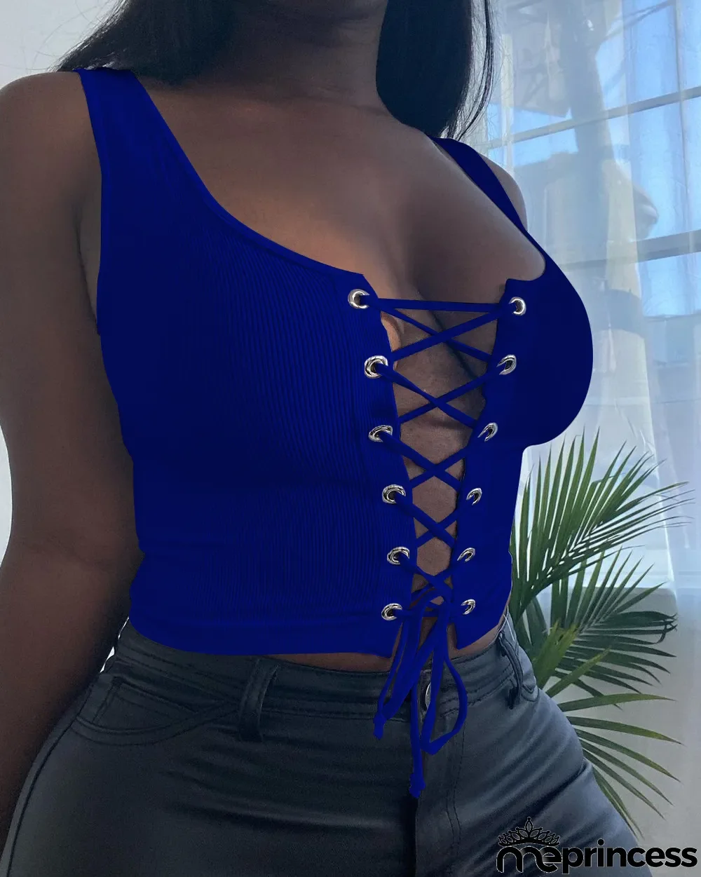 Solid Sexy Lace Up Hollow Sleeveless Tank Top