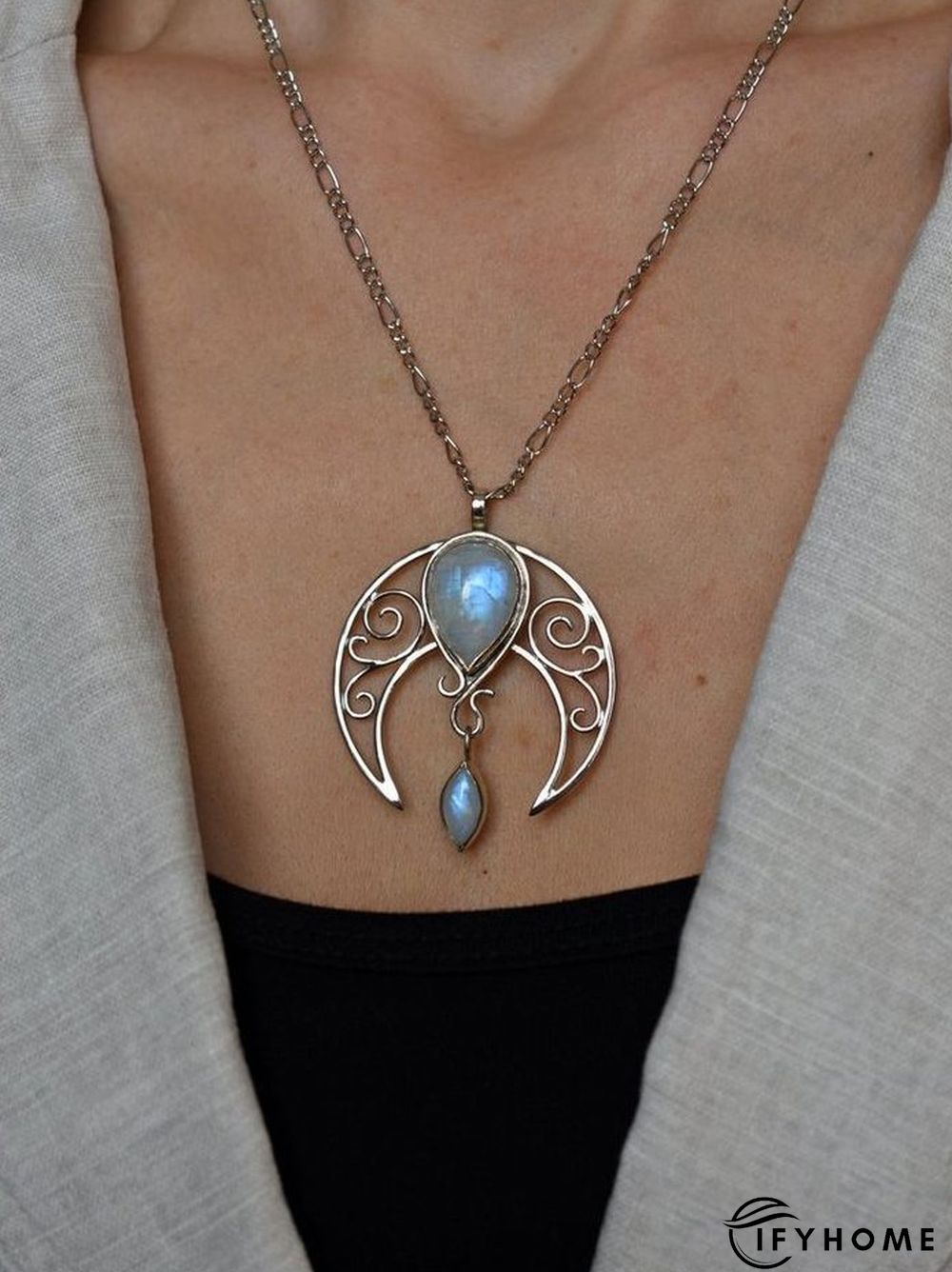 Silver Natural Opal Moonstone Cutout Necklace Ethnic Vintage Jewelry | IFYHOME