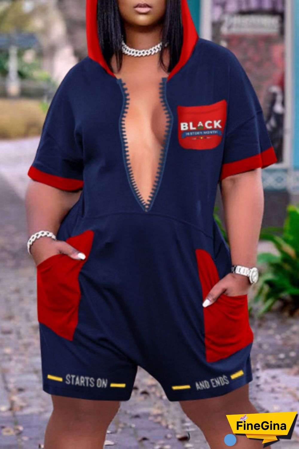 Blue Red Casual Print Patchwork Contrast Hooded Collar Plus Size Romper