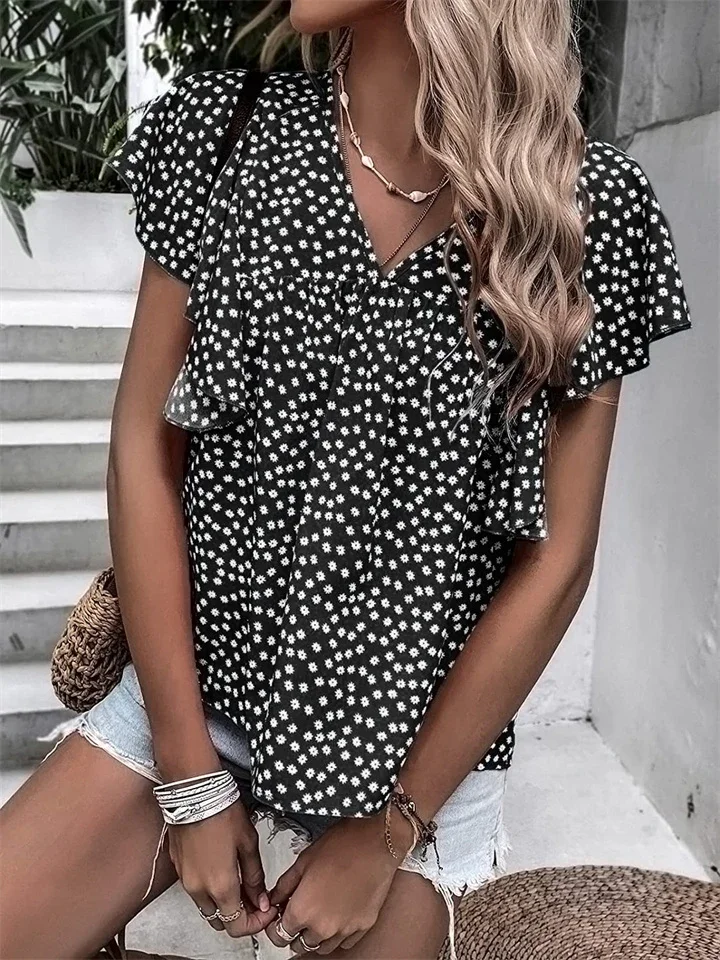 Summer Women's Bohemian Wind Top Floral V-neck Ruffle Short-sleeved Casual Comfortable T-shirt Commuter Style Shirt Female