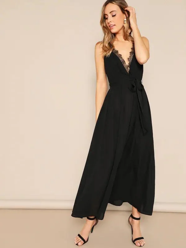 Plunging Neck Eyelash Lace Trim Belted Cami Dress