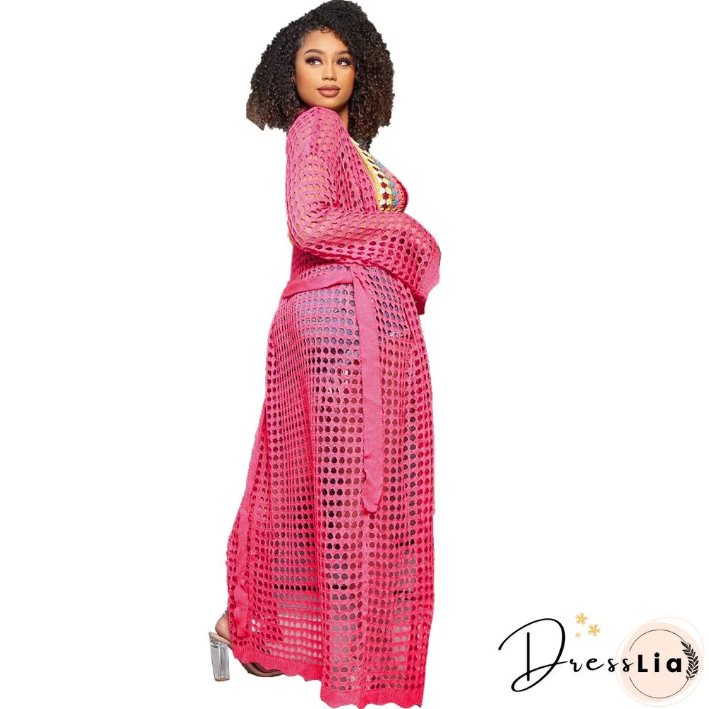 Beachwear Long Sleeve Mesh Grid Cardigan Cover-ups