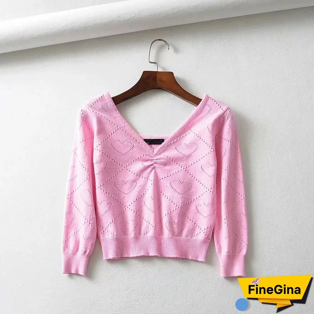 Women's Vintage Love Jacquard Sweet V-neck Sweater Spring Autumn Pullovers Bottom Sweaters Jumper Pullover Women Pull Femme