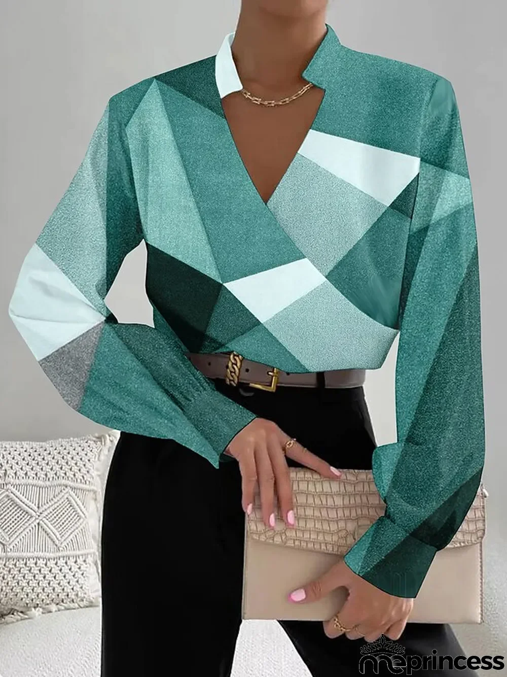 Women's Blouse Color Block Work Pink Blue Green Print Long Sleeve Fashion V Neck Regular Fit Spring & Fall
