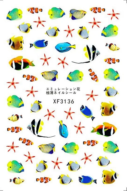 Under The Sea Nail Art Stickers Decoration Back Glue Self Adhesive Decal 3D Nail Sticker Manicure Tropical Fish Nail Design Foil
