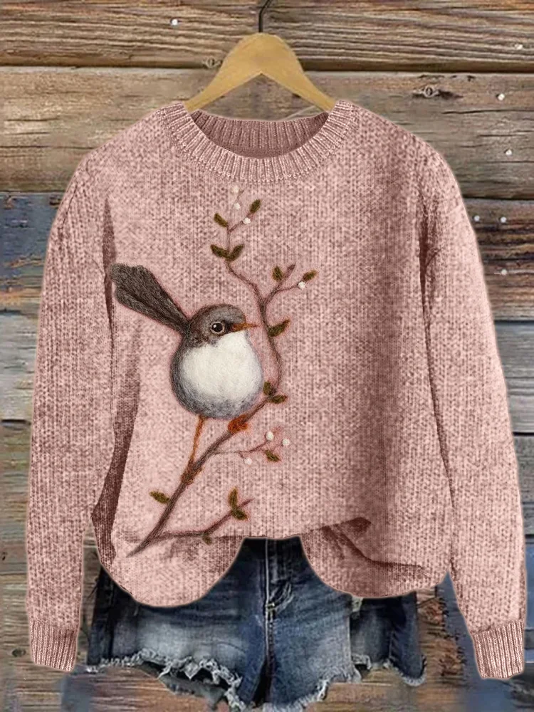 Comstylish Bird on Branch Felt Art Cozy Sweater