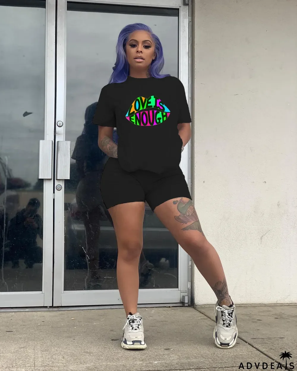 Letter Lips Print Casual Two Piece Shorts Suit