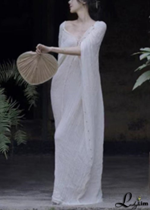 Elegant White V Neck Lace Up Cotton Maxi Dresses Summer