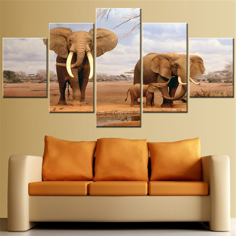 5 Panel Wall Art Canvas Painting Free Shipping Family of African Elephants Printed Picture Modern Bedroom Decoration Home Decor
