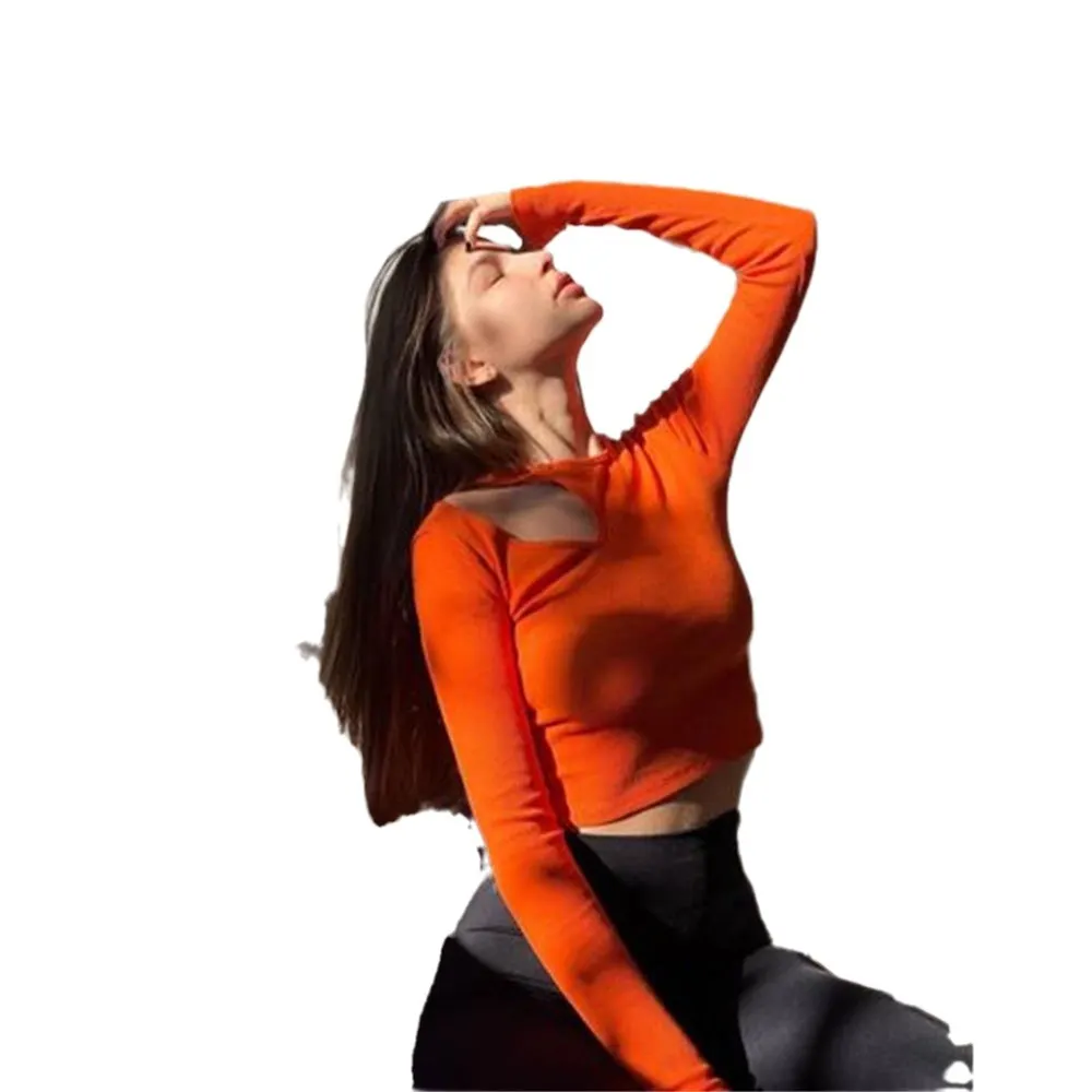 Churchf Churchf 2023 New Thread Long-Sleeved Top Women's Hollow Off-Shoulder Round Neck Short T-Shirt Tight Show Thin Direct