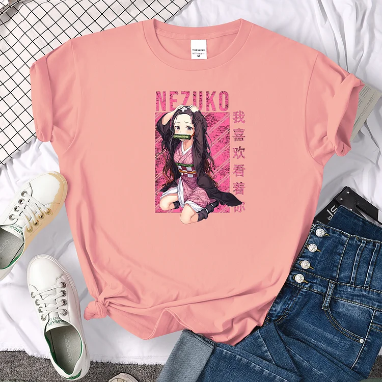 T Shirts Womens Anime Demon Slayer Kamado Nezuko Print Tops Women Casual O-Neck Tshirts Lady Oversize Harajukua Street Clothing