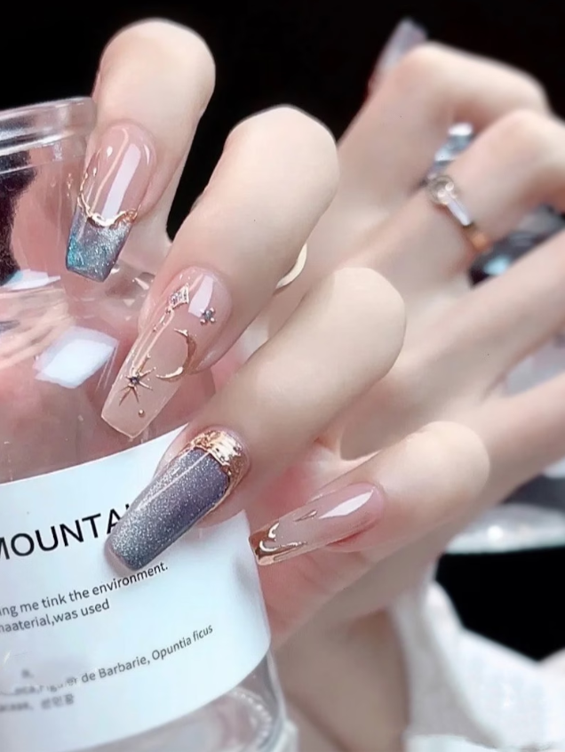 Blue Wish | Coffin | Handmade | Original Design | Press-on Nails | Pearl Manicure | Extra-Long