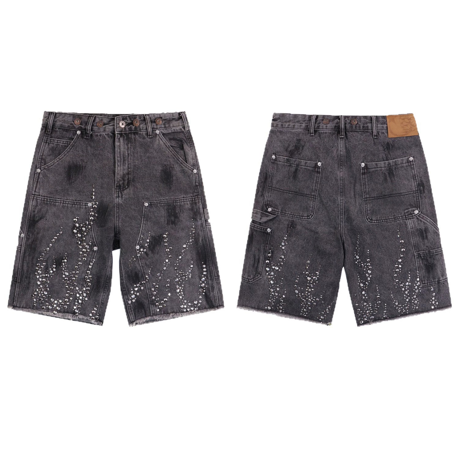 Hiphop Street Flame Rhinestone Five-point Denim Shorts