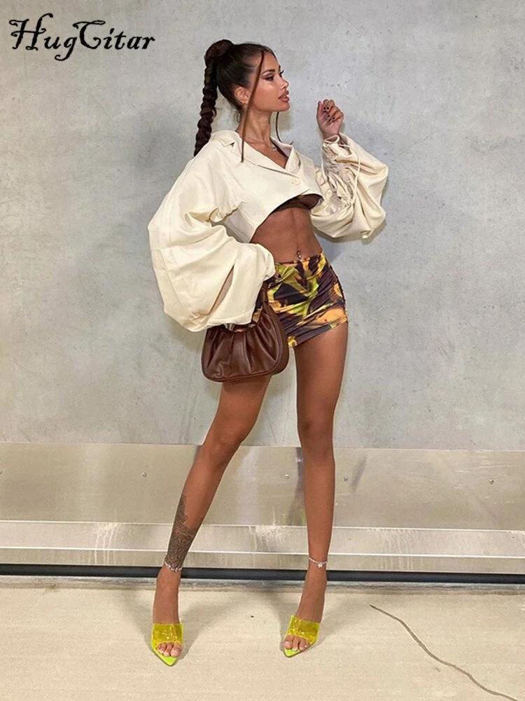 Hugcitar Women Solid Long Loose Flare Sleeve With Drawstring Single-Breasted Crop Top 2021 Autumn Y2K Streetwear Outfit Fashion