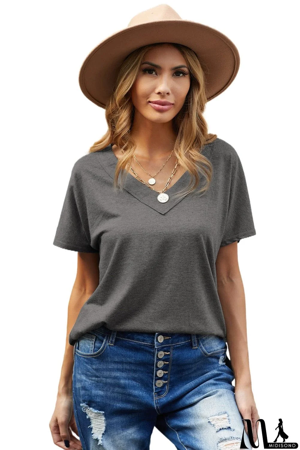 MidiSono - Oversized Mineral Wash Cotton Blend V Neck Short Sleeves Top