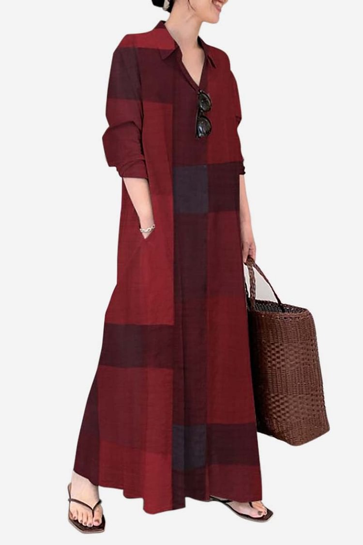 Linen Colorblock Plaid V Neck Long Sleeve Shirt Maxi Dress