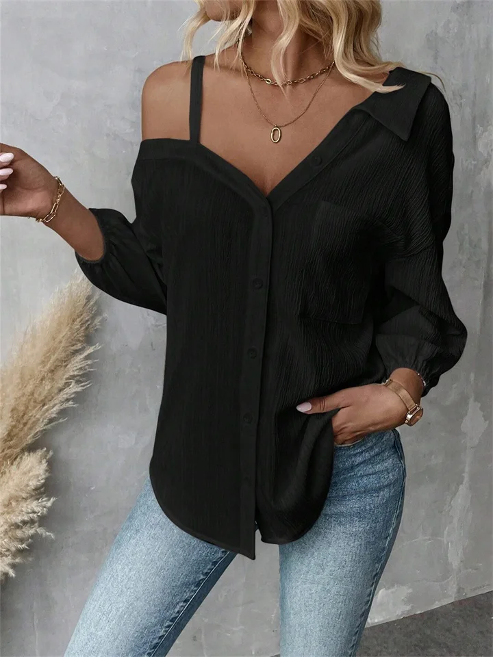 Women's Spring and Summer Lapel Sleeve Off-shoulder Cardigan Textured Casual Shirt