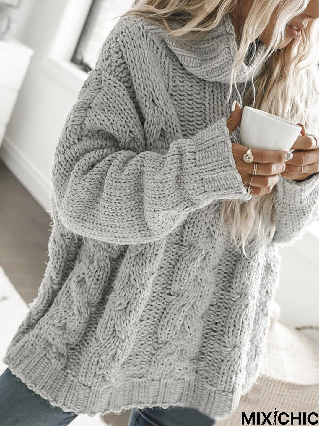 Casual Solid Twisted Turtleneck Long Sleeve Sweater