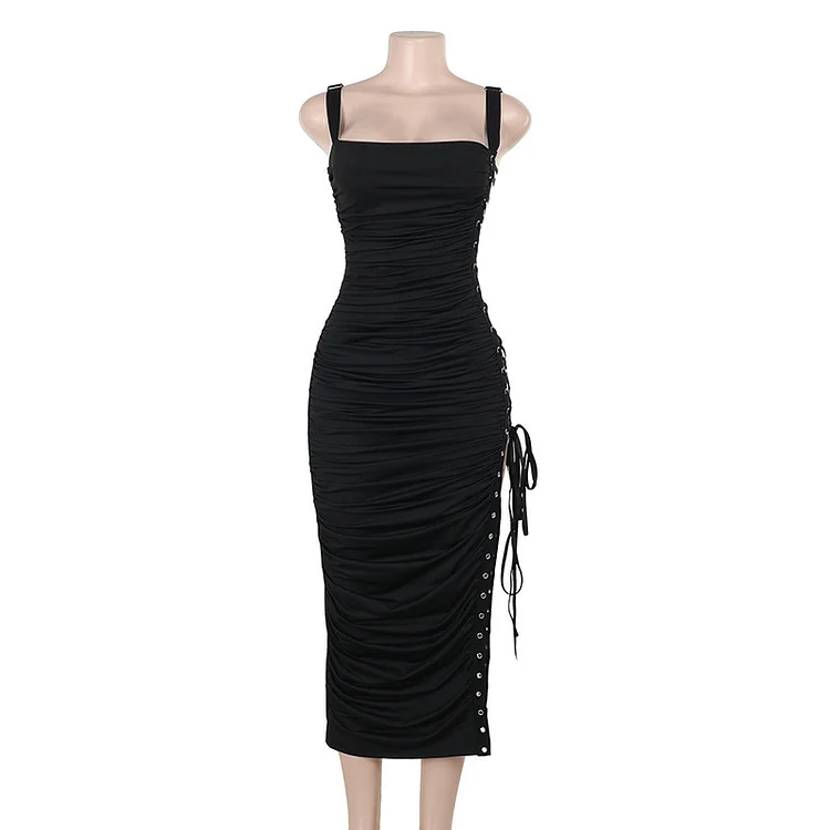 Elegant Slim-fit Side Hollow Out Strap Pleated Dress