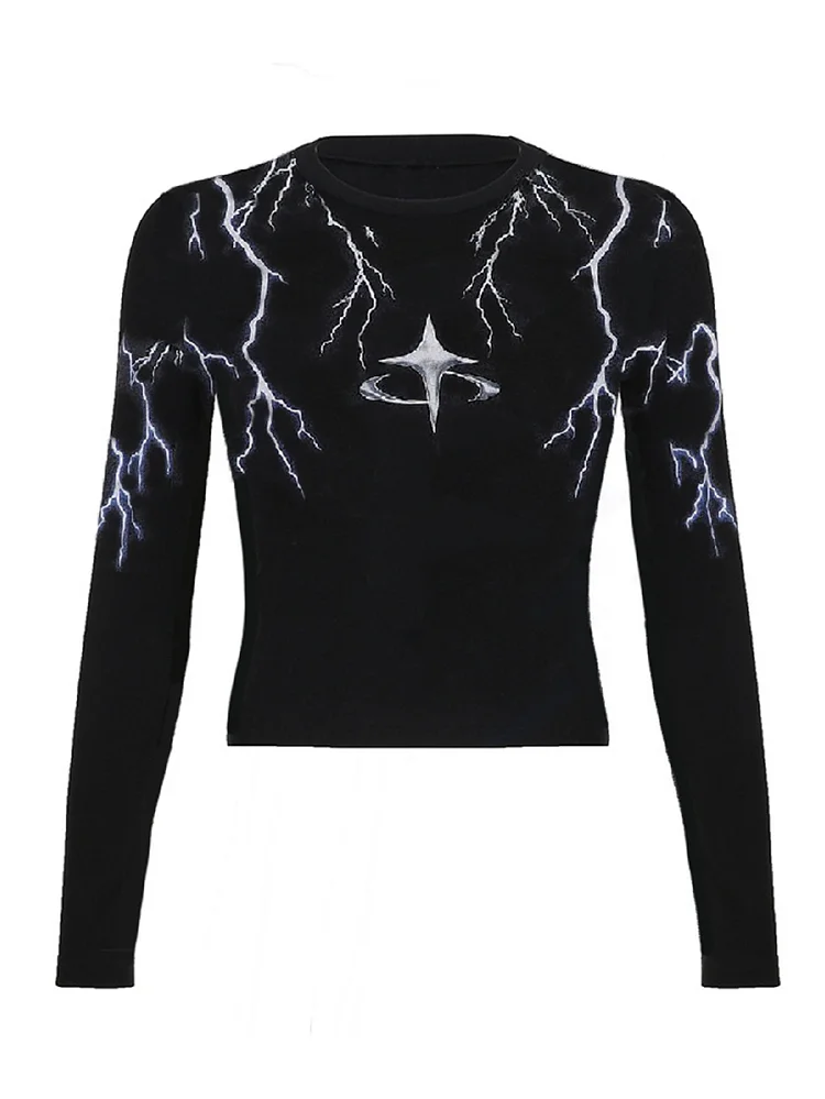 Lightning Figure Y2K Slim T-Shirt Women'S Long Sleeve Top Dark