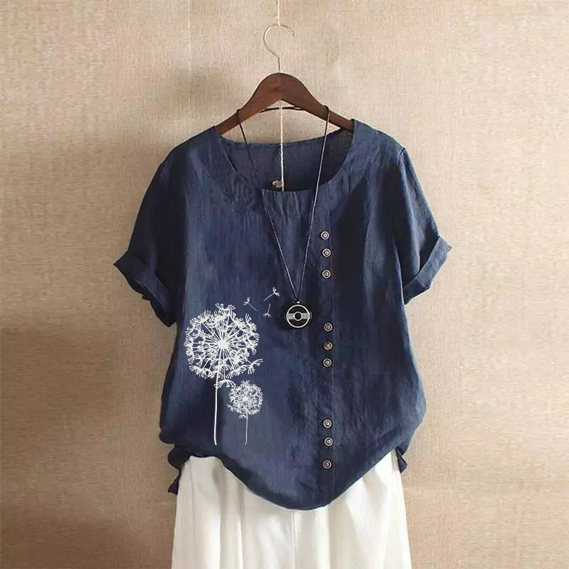 Wicketwarriorss Leisure Dandelion Print Blouse Lady Summer Retro Casual Loose Short Sleeved Pullover Cotton Linen Shirt For Women's Clothing