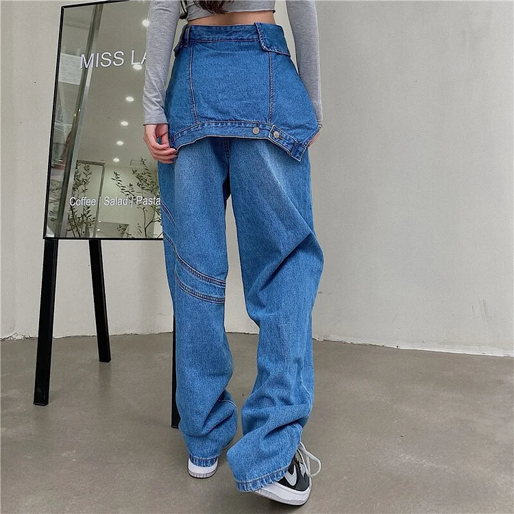 Casual High Waist Irregulat Patchwork Wide Leg Jeans  