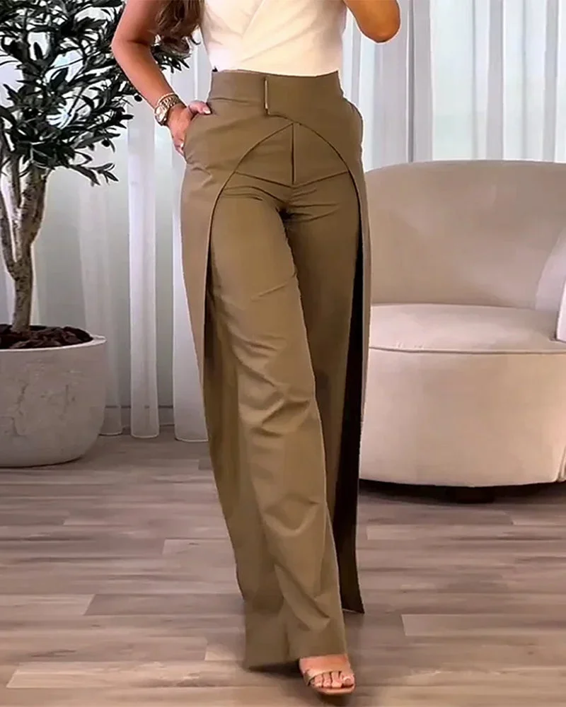 Huiketi Women High Waist Overlap Asymmetrical High Wiast Wide Leg Pants 2023 Autumn Winter One Piece Pants Female Clothes