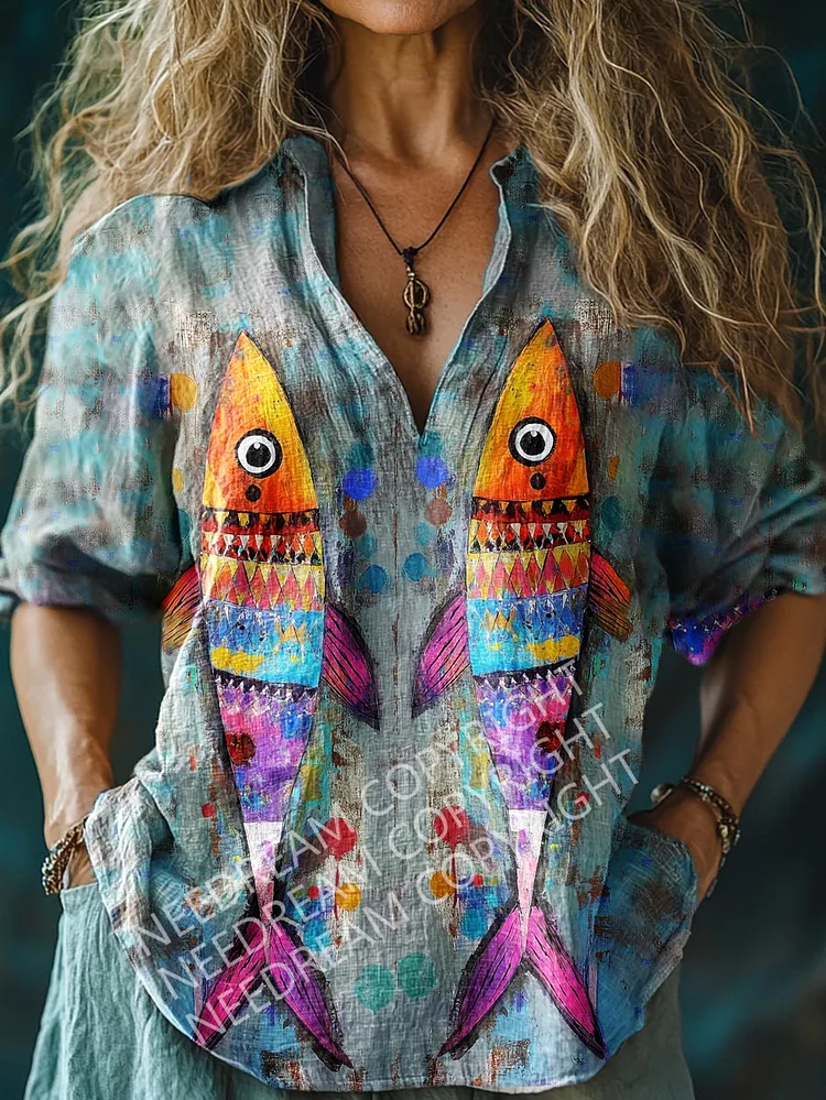 Womens Art Oil Painting Sardines  Long Sleeve Comfortable Cotton And Linen Shirt