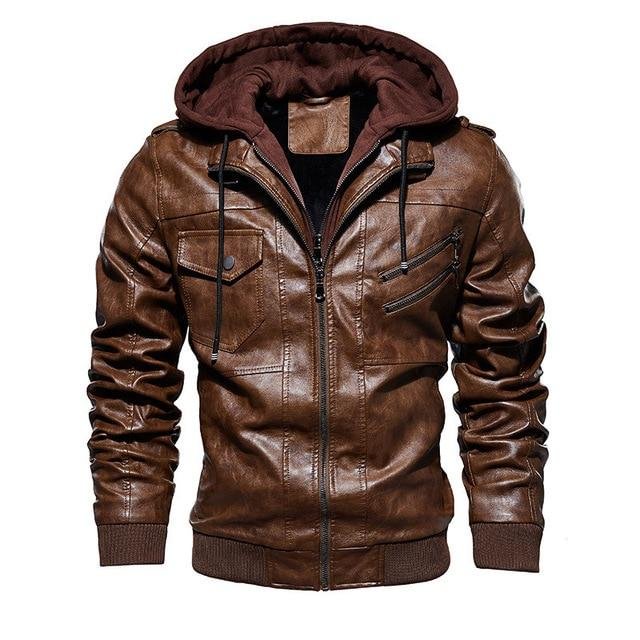 Men Motorcycle Leather Jackets Winter Fashion Casual Hooded Faux Jacket PU Leather Jackets Coats