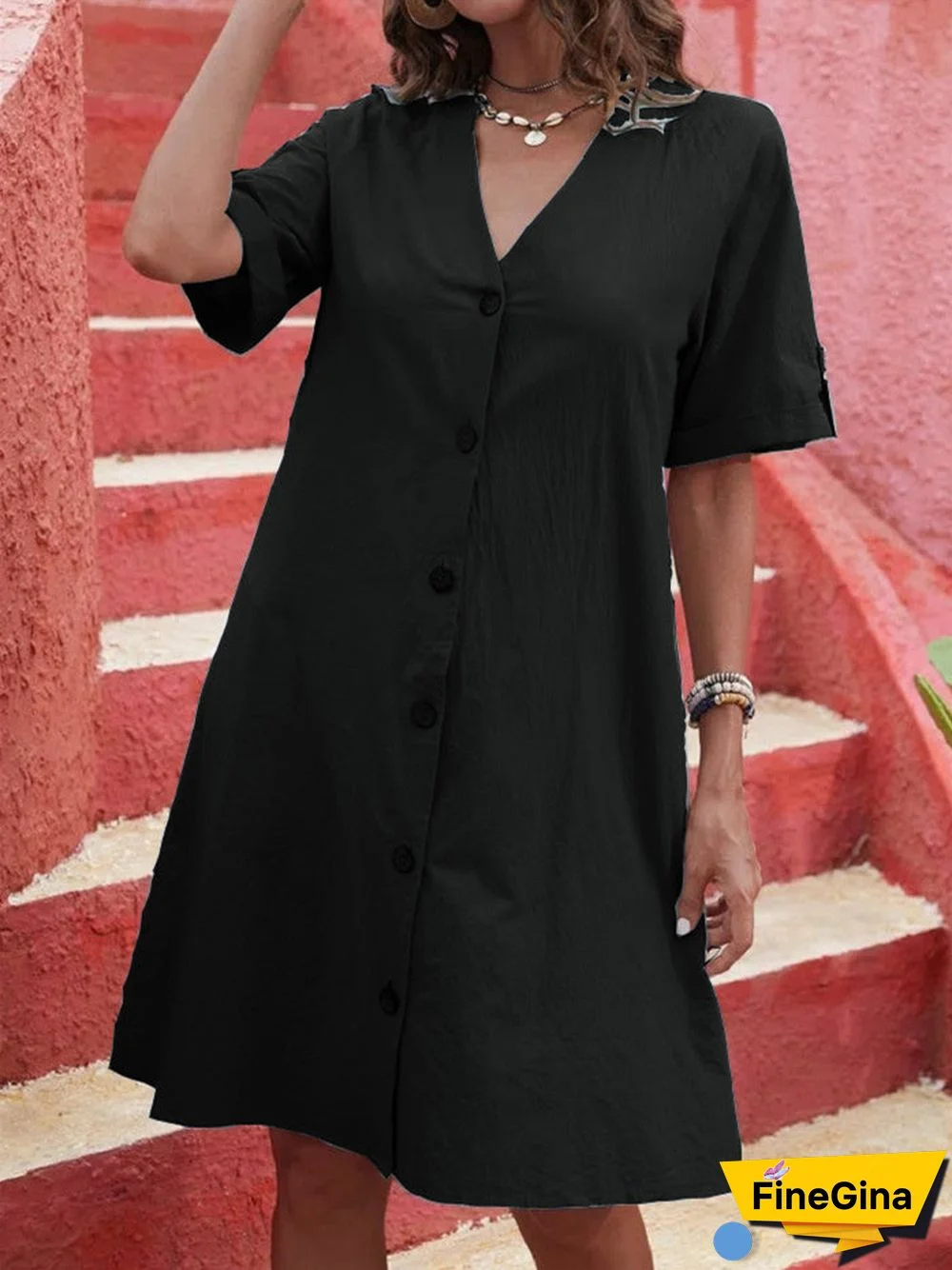 Women's Short Sleeve V Neck Casual Midi Dress