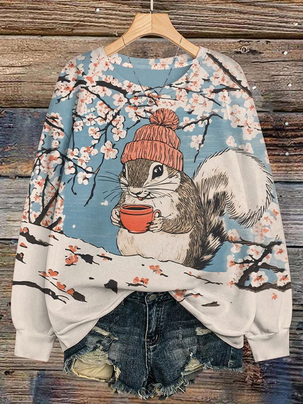 Women's Winter Squirrels Drinking Hot Tea Print Casual Sweatshirt