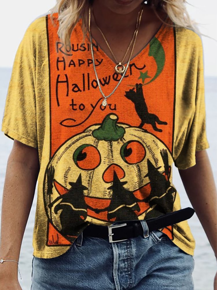 Vintage Halloween Pumpkin & Witches V Neck T Shirt
