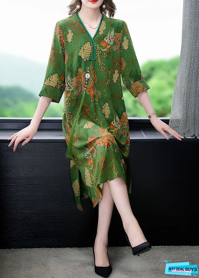 Vintage Green V Neck Print Patchwork Silk Mid Dress Summer
