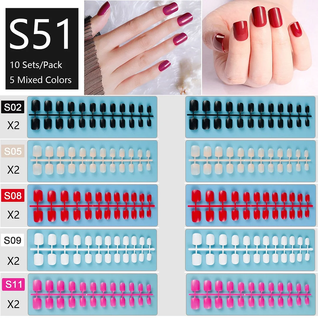 10 Sets/Pack Mixed Solid Colors Coffin Round Square Almond Shape False Nails Full Cover Nail Tips Short Fake Nails Tip Manicure-Nail Inspo