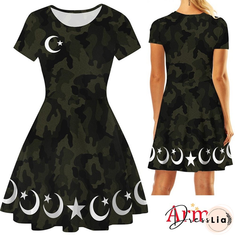 Christmas Deer Elk Snowman Print Short Sleeve Dress Xmas Santa Claus Women Dress
