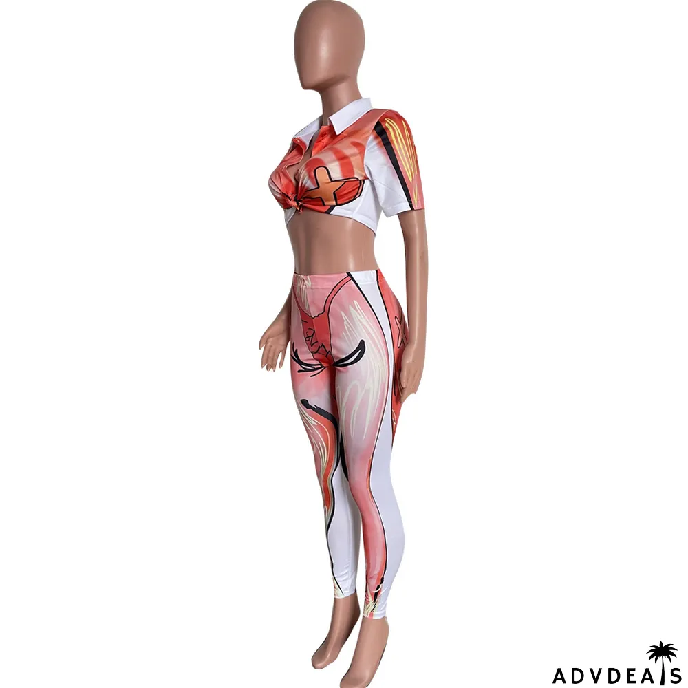 Fashion Two Piece Summer Print Chic Sweet Short Sleeve Pants Set