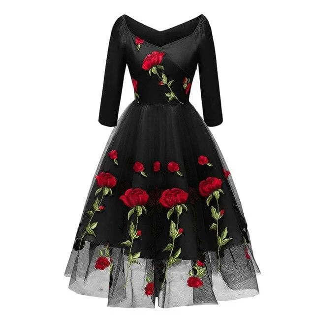 Black/Pink/White Rose Embroidered Dress SP14741